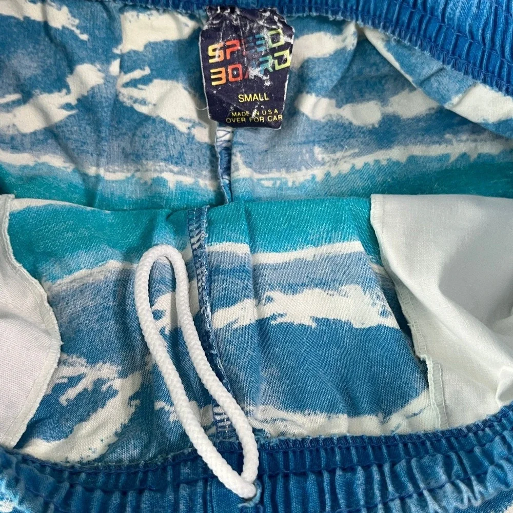 Vintage 90s Speed Board Swim Shorts Men S Blue Abstract Print Drawstring Pockets